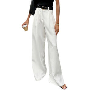 Commense Women's Large White Wide Leg Pocketed High Waist Formal Pants